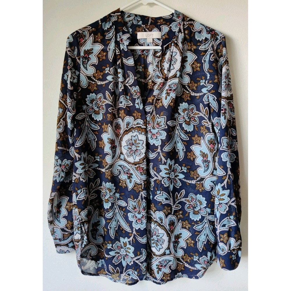 Loft Floral Paisley Peasant Top Blouse in Navy Multicolor Size Small‎ Semi Sheer